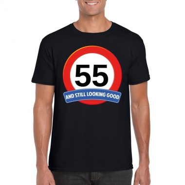 55 jaar verkeersbord t-shirt zwart volwassenen