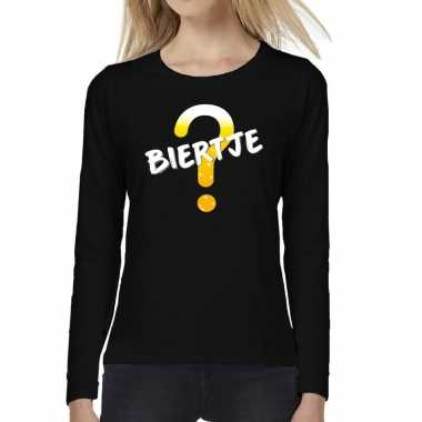 Dames fun text t shirt long sleeve biertje zwart