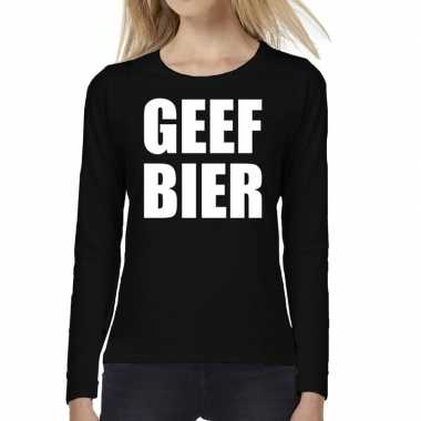 Dames fun text t shirt long sleeve geef bier zwart