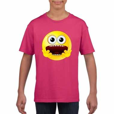 Emoticon geschrokken t shirt fuchsia/roze kinderen