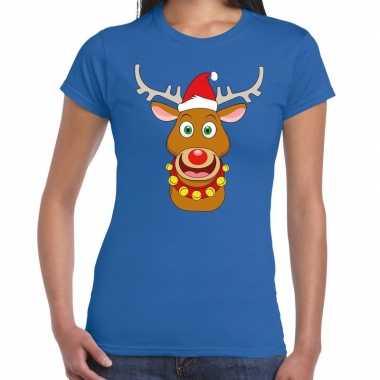 Fout kerstmis shirt blauw kerstman rudolf dames