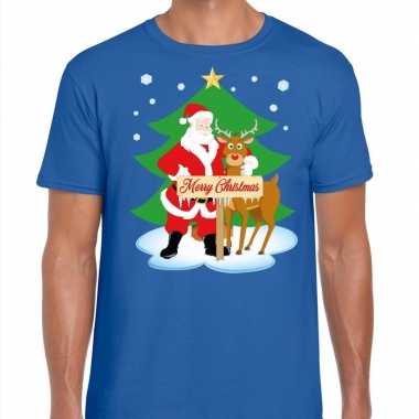Fout kerstmis shirt blauw kerstman rudolf heren