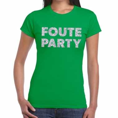 Foute party zilveren letters fun t shirt groen dames