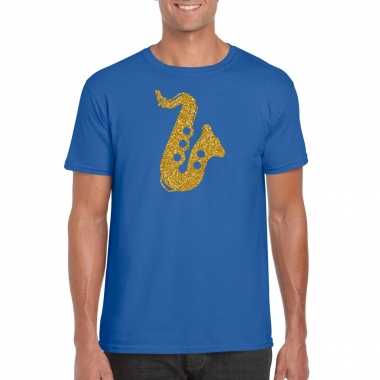 Gouden muziek saxofoon t shirt blauw heren outfit saxofonisten