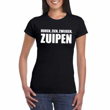 Horen zien zwijgen zuipen fun t shirt dames zwart