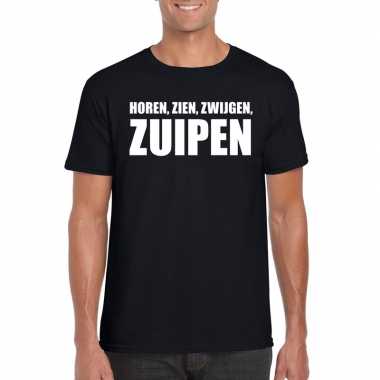 Horen zien zwijgen zuipen fun t shirt heren zwart