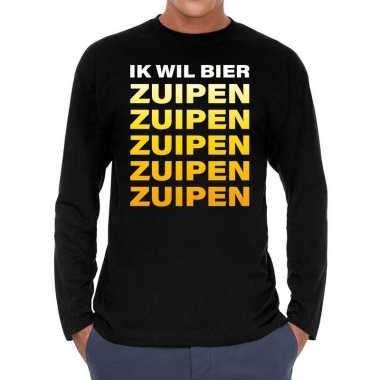 Long sleeve t shirt zwart ik wil bier zuipen zuipen zuipen bedrukking