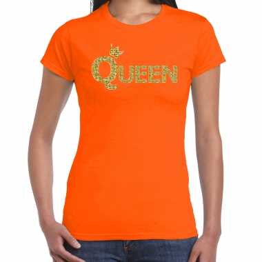 Oranje koningdag queen shirt gouden letters kroon dames
