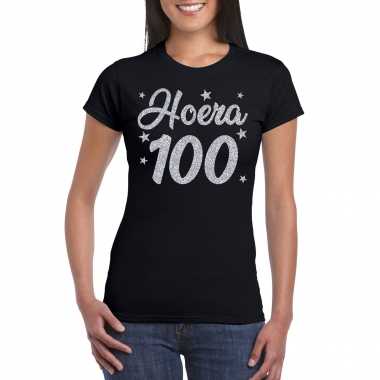 Zwart hoera 100 jaar verjaardag t shirt dames zilveren glitter bedrukking