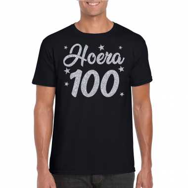 Zwart hoera 100 jaar verjaardag t shirt heren zilveren glitter bedrukking