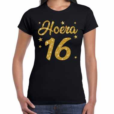 Zwart hoera 16 jaar verjaardag / jubileum t shirt dames gouden glitter bedrukking