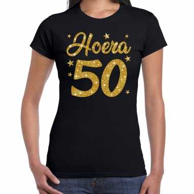 Zwart hoera 50 jaar verjaardag sarah t shirt dames gouden glitter bedrukking