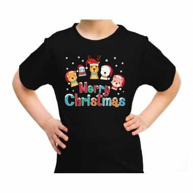 Zwart t shirt / kerstkleding dierenvriendjes merry christmas kinderen