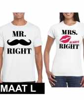 Bruiloft cadeau mr right mr right mrs always right t-shirt wit dames heren maat l