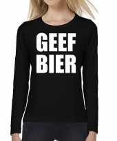 Dames fun text t-shirt long sleeve geef bier zwart