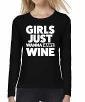 Dames fun text t-shirt long sleeve girls just wanna have wine zwart