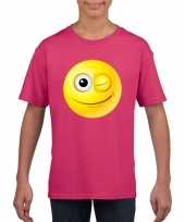 Emoticon knipoog t-shirt fuchsia roze kinderen