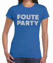 Foute party zilveren letters fun t-shirt blauw dames