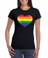 Gay pride t-shirt regenboog vlag hart zwart dames