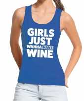 Girls just wanna have wine fun tanktop mouwloos shirt blauw dames