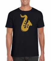 Gouden muziek saxofoon t-shirt zwart heren shirt saxofonisten