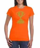 Nr 1 gouden winnaars beker t-shirt oranje dames