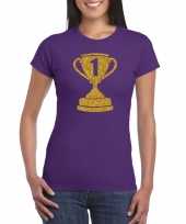 Nr 1 gouden winnaars beker t-shirt paars dames