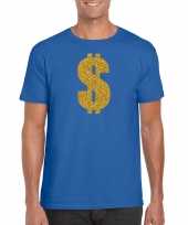 Verkleedkleding gangster gouden dollar t-shirt blauw heren