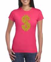 Verkleedkleding gangster gouden dollar t-shirt roze dames