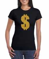 Verkleedkleding gangster gouden dollar t-shirt zwart dames