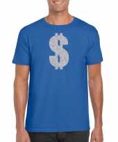 Verkleedkleding gangster zilveren dollar t-shirt blauw heren