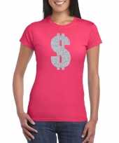 Verkleedkleding gangster zilveren dollar t-shirt roze dames