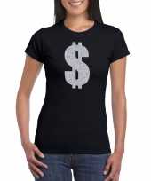 Verkleedkleding gangster zilveren dollar t-shirt zwart dames