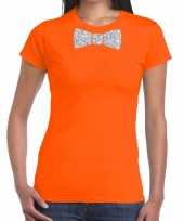 Vlinderdas t-shirt oranje zilveren glitter strikje dames