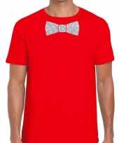 Vlinderdas t-shirt rood zilveren glitter strikje heren