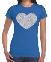 Zilveren hart glitter fun t-shirt blauw dames