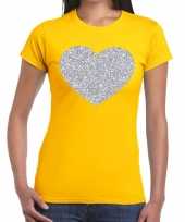 Zilveren hart glitter fun t-shirt geel dames