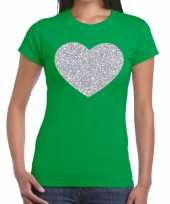 Zilveren hart glitter fun t-shirt groen dames