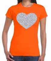 Zilveren hart glitter fun t-shirt oranje dames