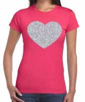 Zilveren hart glitter fun t-shirt roze dames