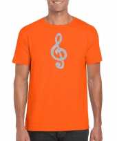 Zilveren muziek noot g sleutel t shirt oranje heren