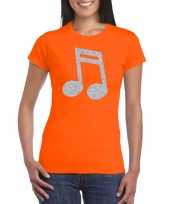 Zilveren muziek noot t-shirt oranje dames