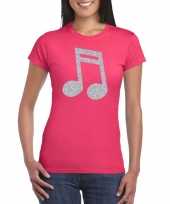 Zilveren muziek noot t-shirt roze dames