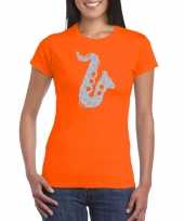 Zilveren muziek saxofoon t-shirt oranje dames saxofonisten outfit