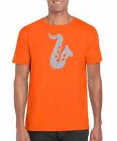 Zilveren muziek saxofoon t-shirt oranje heren outfit saxofonisten