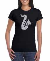 Zilveren muziek saxofoon t-shirt zwart dames saxofonisten outfit