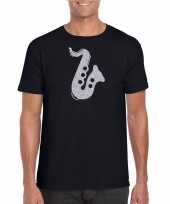 Zilveren muziek saxofoon t-shirt zwart heren shirt saxofonisten