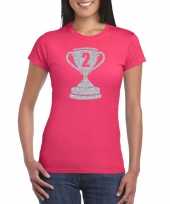 Zilveren winnaars beker nr 2 t-shirt roze dames