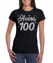 Zwart hoera 100 jaar verjaardag t-shirt dames zilveren glitter bedrukking