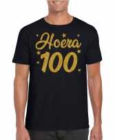 Zwart hoera 100 jaar verjaardag t-shirt heren gouden glitter bedrukking
